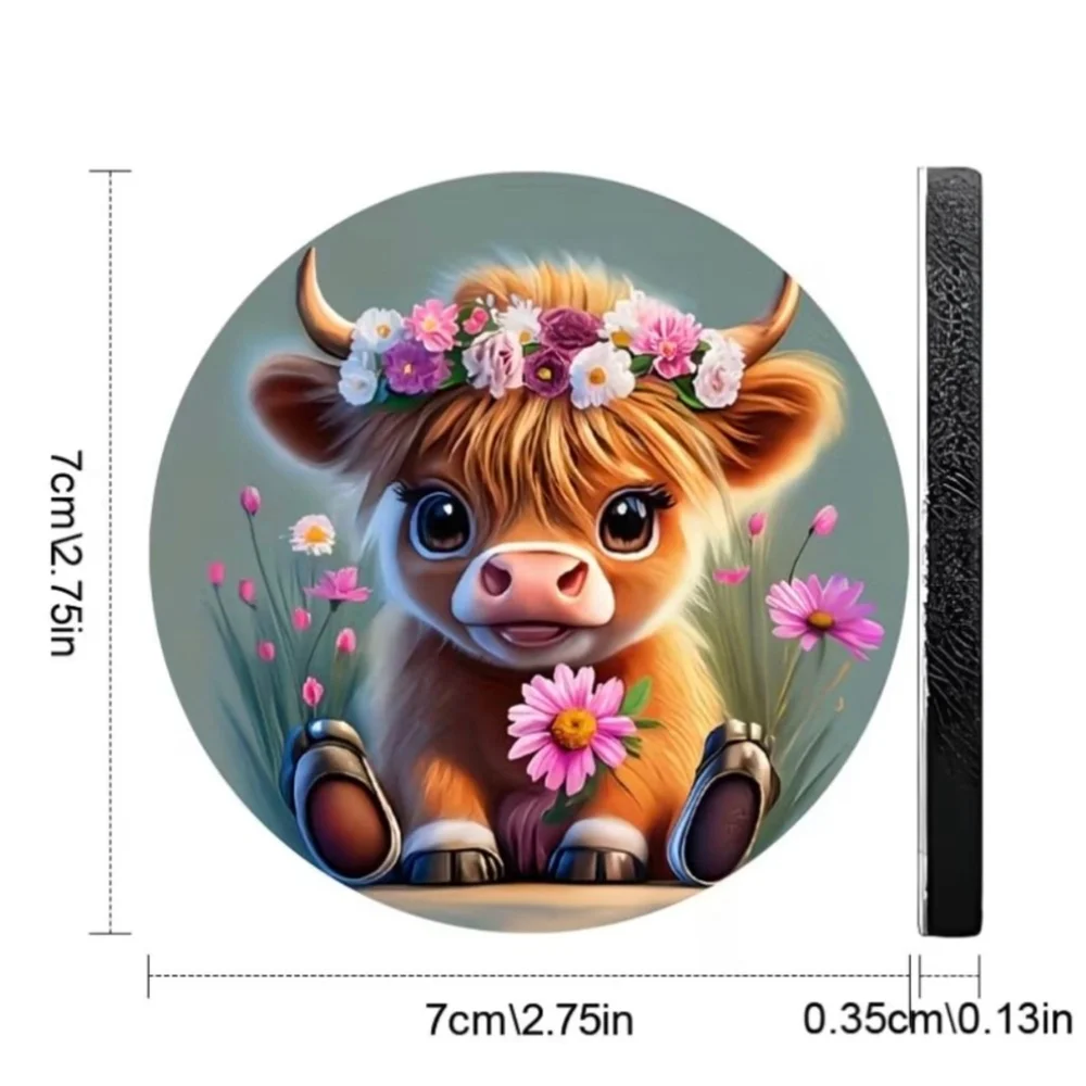 Car Coasters with Cute Highland Cow Design, One Size, Brown/Green